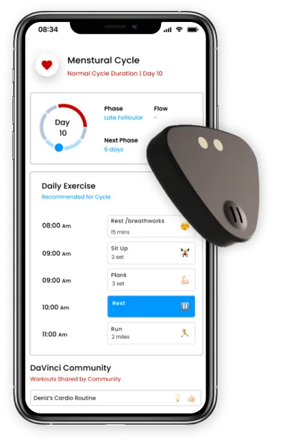 DaVinci femtech app showing menstrual cycle tracking and wearable device