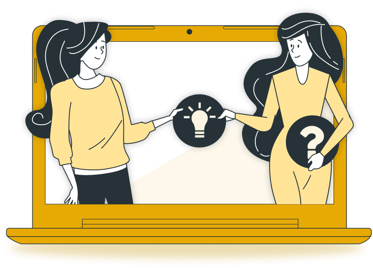 Illustration of two women connecting through the Nori mentorship platform on a laptop