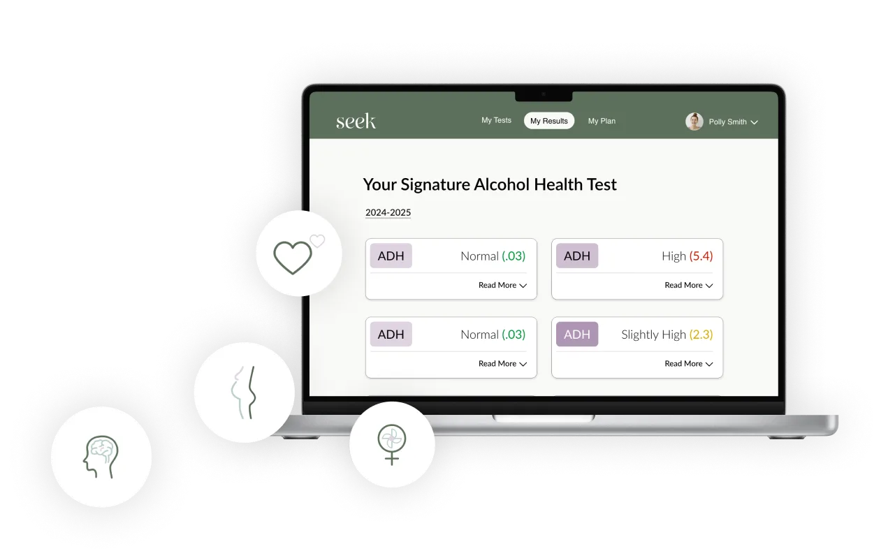 Seek platform showing alcohol health test results on a laptop